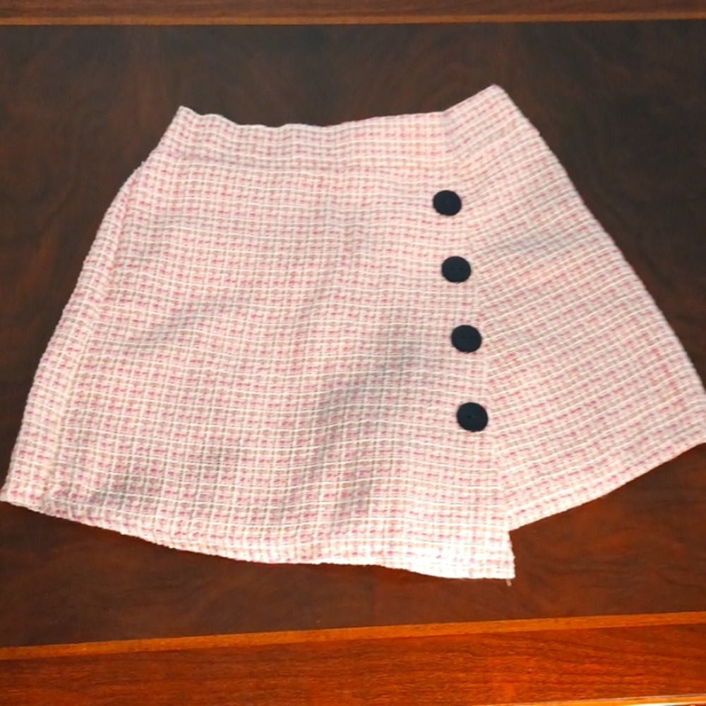 Plaid Skort - Pink, Beige & White Button Skort 6856